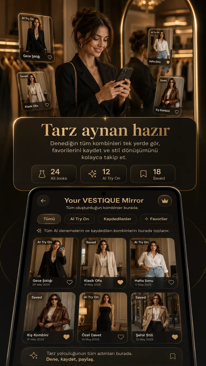 Vestique kaydedilen kombinler ve tarz aynası uygulama ekranı
